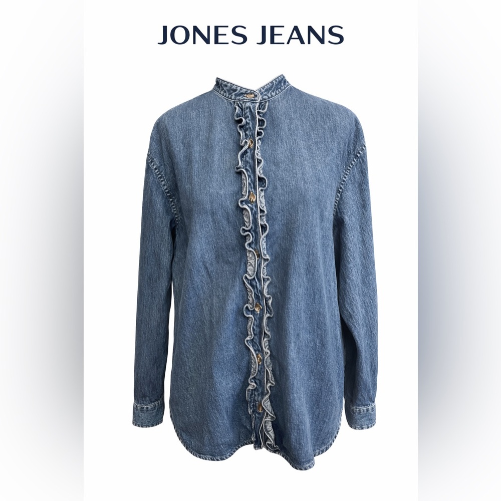 Jones Jeans Denim Chambray Ruffle Front Button Blouse Shirt L Coastal Cowgirl